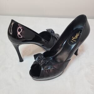 YSL Office Siren Black Liquid Patent Bowtie Stiletto Heels 39.5 Dark Coquette